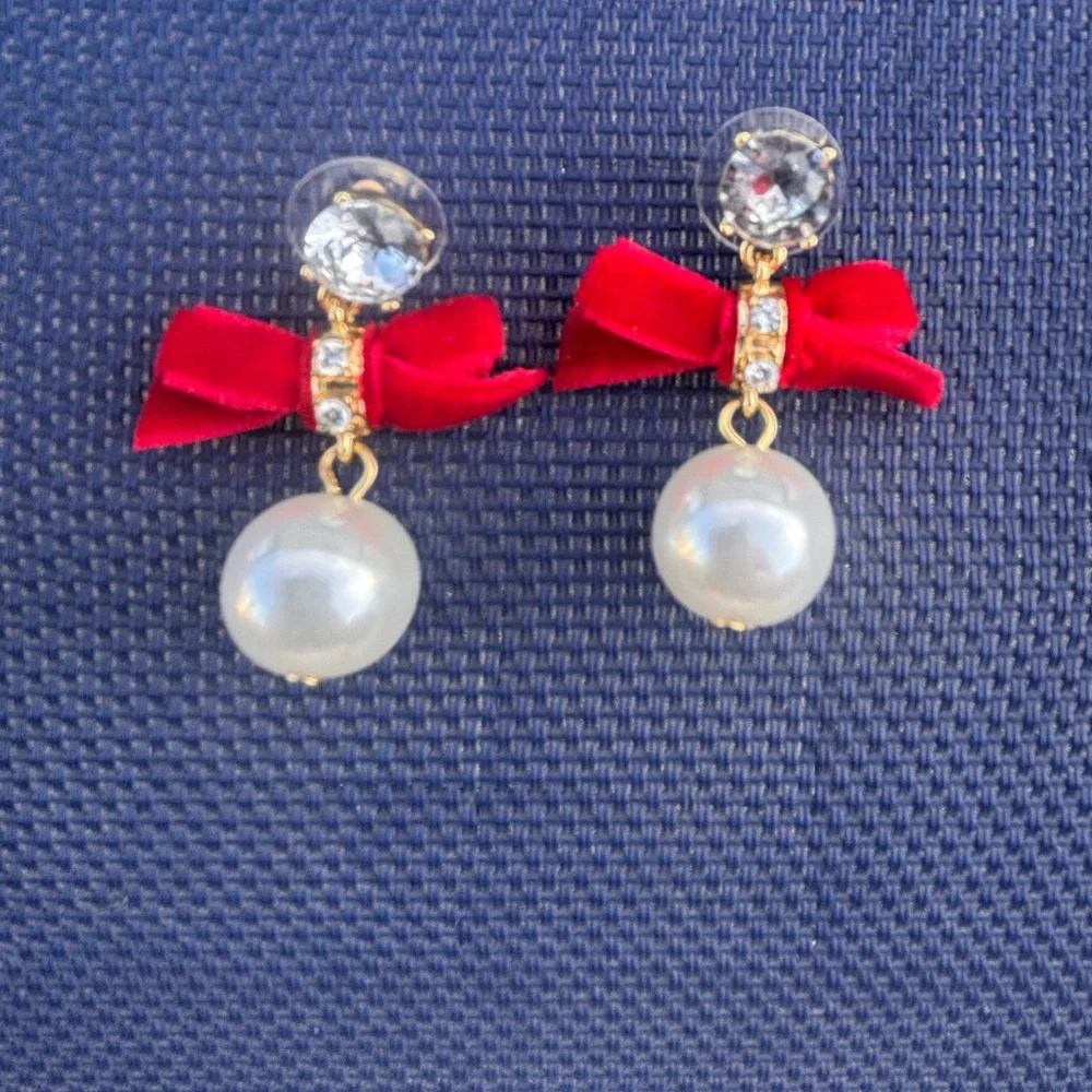 J. Crew Ruby Red and Gold Bow Pearl Drop Earrings